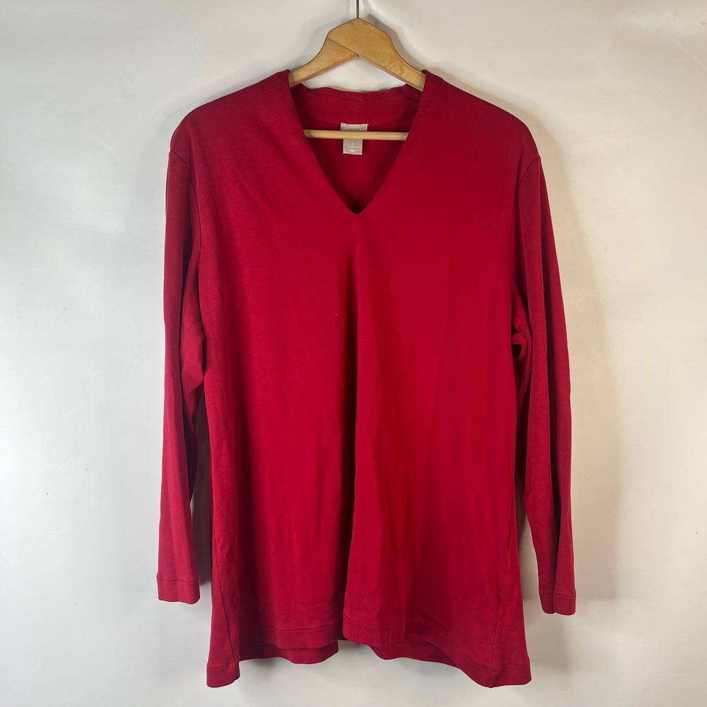 Chico's Top Women Size 3 XL Red Pima Cotton V-Neck Long Sleeve Casual Relaxed